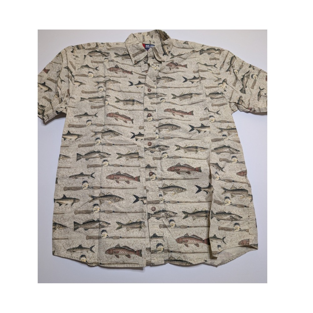 Reel Legends Mens Fishing Shirt Large Beige Cotton Short Sleeve Fish Print